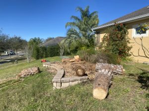 A yard featuring a tree stump surrounded by logs resting on the green grass.